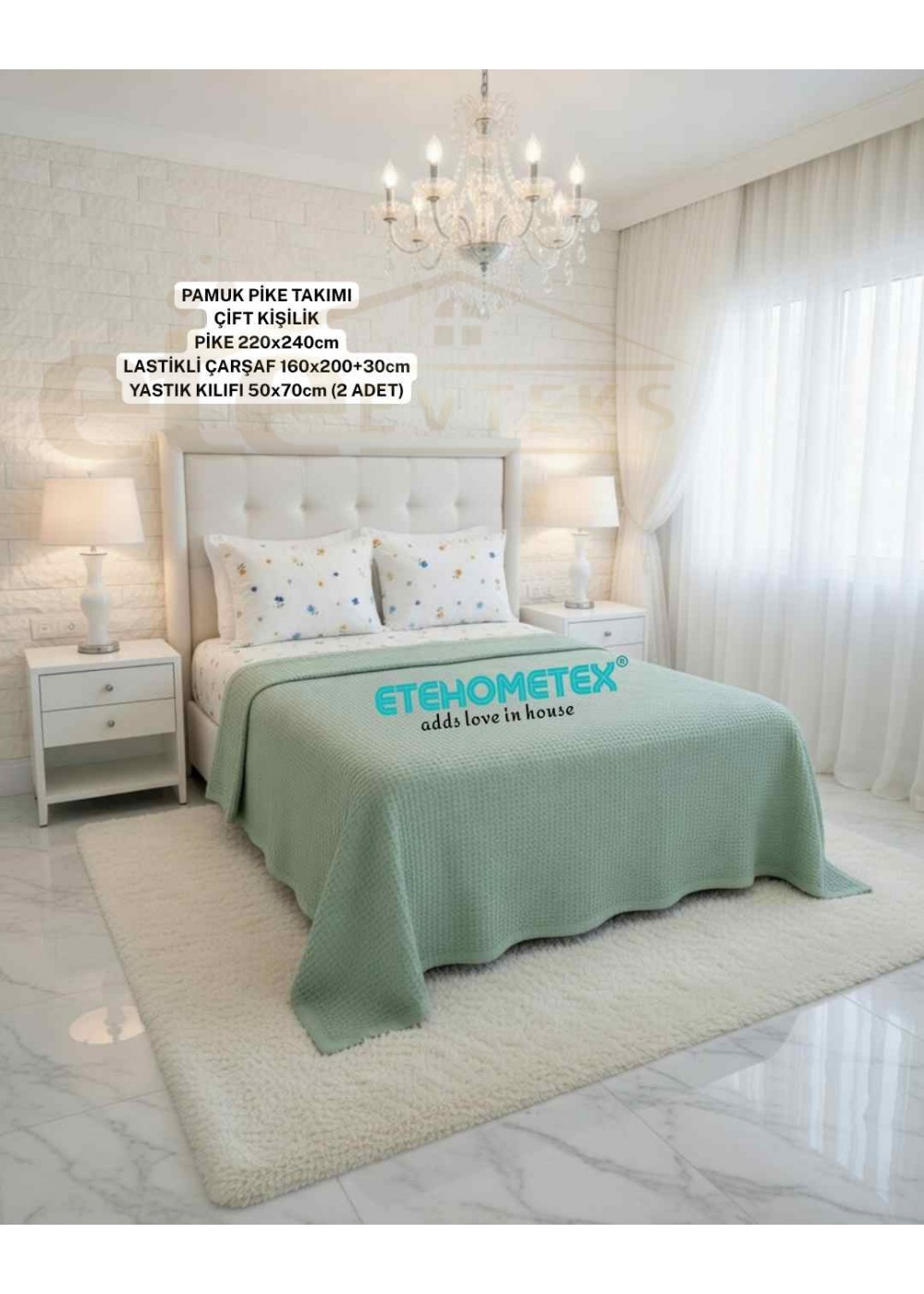 ETEHOMETEX ÇİFT KİŞİLİK %100 PAMUK HAVUZLU PİKE TAKIMI YEŞİL 8696474232073